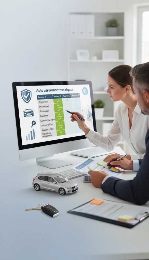 Une femme et un homme sont en train de compater différentes offres d'assurance