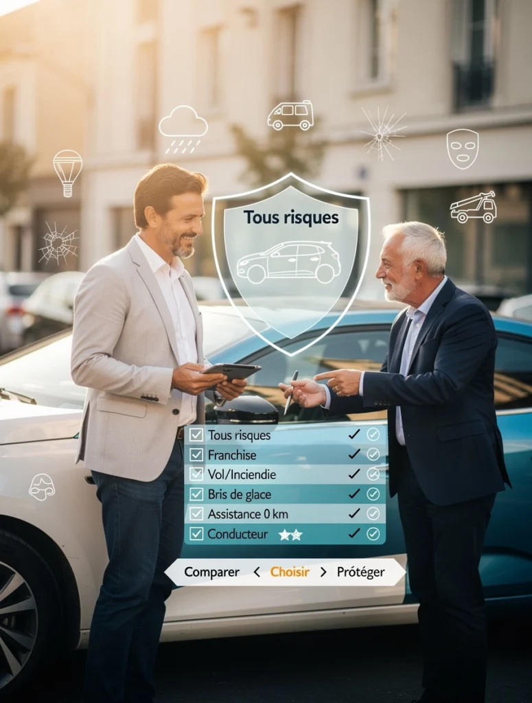 Deux hommes sont en train de parler des garanties qu'oddre une assurance tous risques