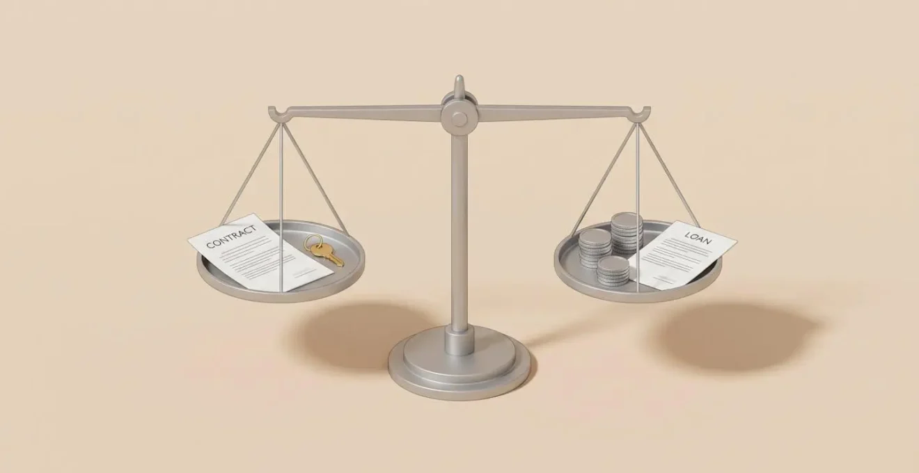 Illustration 3D d'une balance en équilibre avec un contrat et des clés d'un côté, des pièces et un document de prêt de l'autre, symbolisant le choix entre LOA et crédit auto.