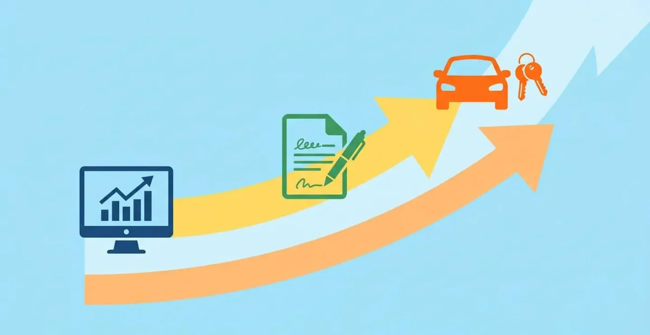 Infographie en flat design montrant un parcours en 3 étapes : simulation en ligne, signature du contrat, récupération du véhicule, avec une flèche directionnelle.