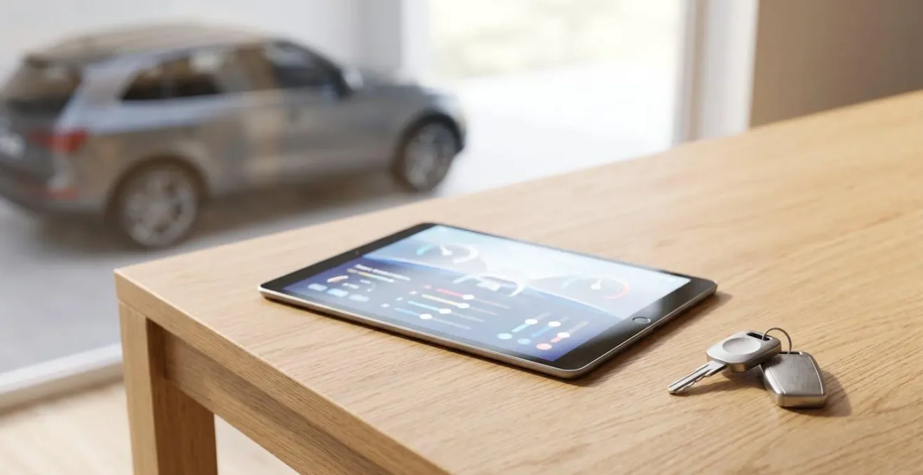 Tablette affichant un simulateur de financement automobile posée sur un bureau en bois clair, avec des clés de voiture et une silhouette de véhicule moderne en arrière-plan.