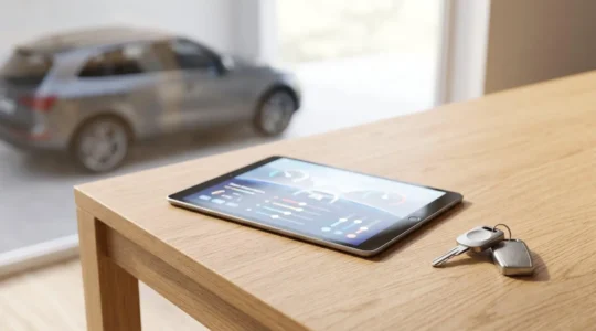 Tablette affichant un simulateur de financement automobile posée sur un bureau en bois clair, avec des clés de voiture et une silhouette de véhicule moderne en arrière-plan.