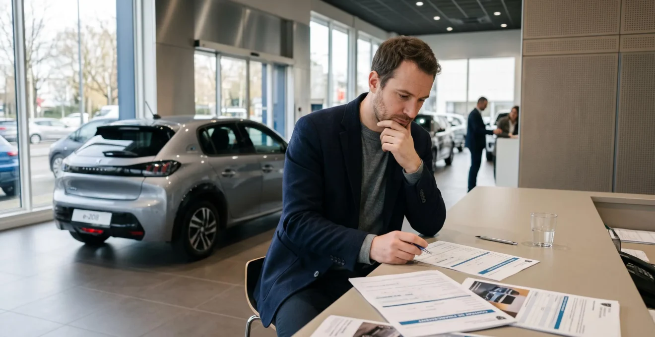Acheteur examinant des documents de financement près d'une voiture dans une concession automobile