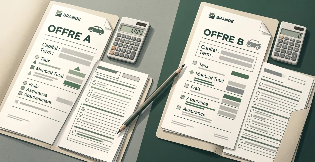 Deux dossiers de financement automobile disposés côte à côte pour comparer les mêmes critères