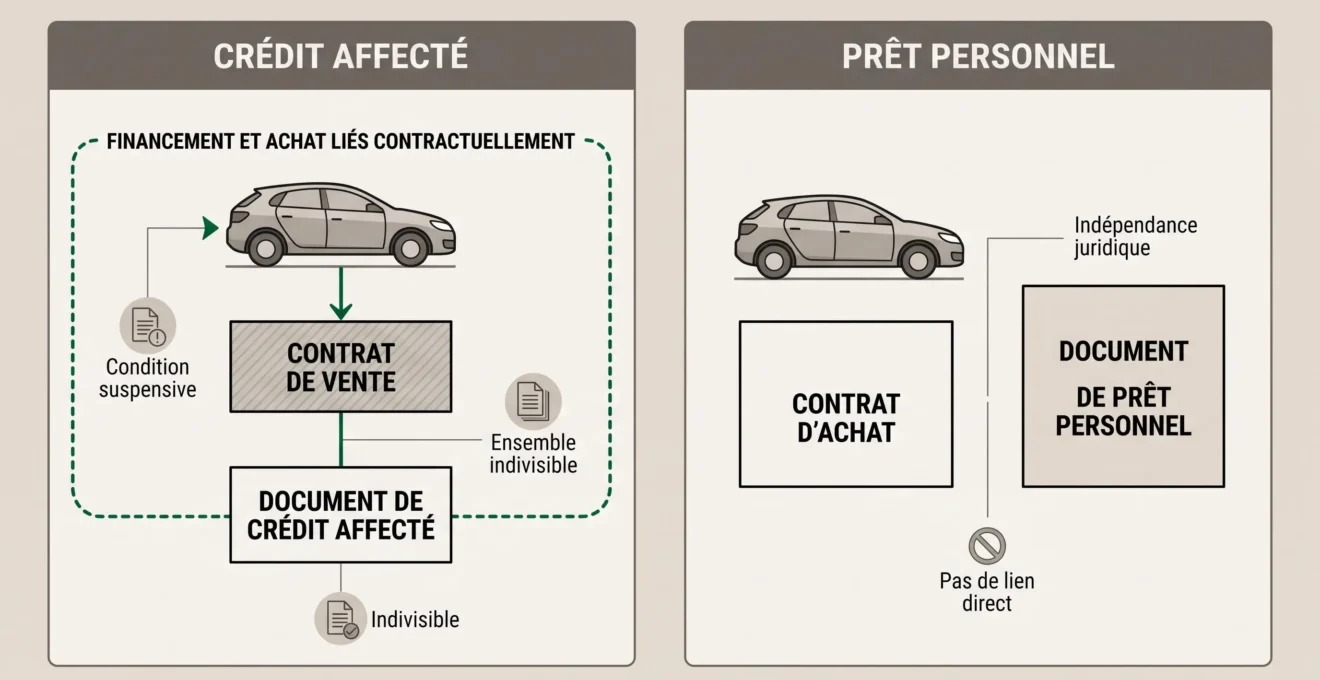Schéma comparant un crédit affecté lié à l'achat d'une voiture et un prêt personnel distinct de la vente
